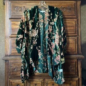 Woven Heart Emerald Green Floral Velvet Sheer Open-Front Kimino